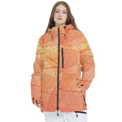 Abstract Texture Of Colorful Bright Pattern Of Transparent Leaves Of Orange And Yellow Color Women s Multi Pockets Zip Ski And Snowboard Waterproof Breathable Jacket by Posterlux