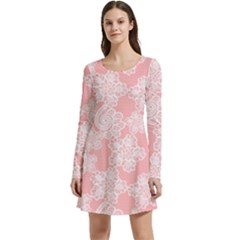 Lace White Ornamental Textile Long Sleeve Velour Skater Dress by Paksenen