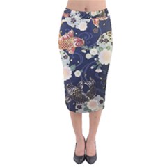 Japanese Wave Koi Illustration Pattern Velvet Midi Pencil Skirt by Ndabl3x