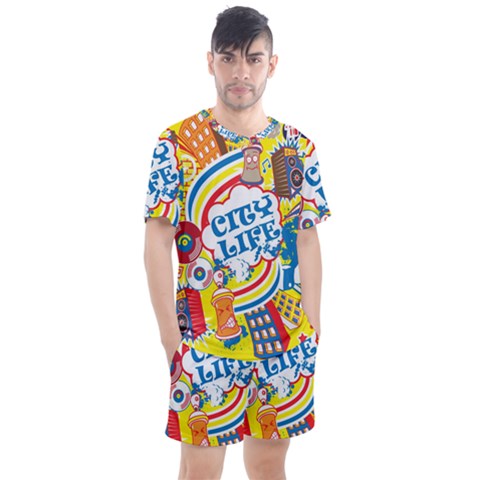 Colorful City Life Horizontal Seamless Pattern Urban City Men s Mesh T-shirt And Shorts Set by Bedest