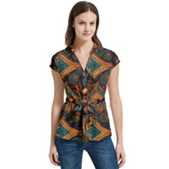 Tribal Chic Women s Cap Sleeve Mandarin Collar Waist Tie Blouse by pollyparadiseartshop