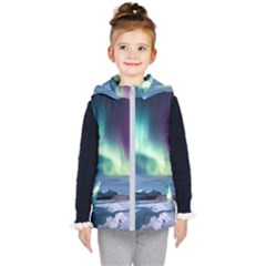 Northern Lights Aurora Night Nature Kids  Hooded Puffer Vest by Posterlux