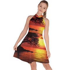 Sunset Nature Sea Dusk Landscape Sleeveless Halter Neck A-line Dress by Salmanaz77