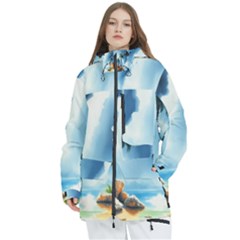 Delicate Watercolor Painting Surreal Oasis Scene With Intense Dramatic Lighting Women s Multi Pockets Zip Ski And Snowboard Waterproof Breathable Jacket by pollyparadiseartshop