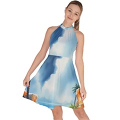 Delicate Watercolor Painting Surreal Oasis Scene With Intense Dramatic Lighting Sleeveless Halter Neck A-line Dress by pollyparadiseartshop