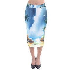 Delicate Watercolor Painting Surreal Oasis Scene With Intense Dramatic Lighting Velvet Midi Pencil Skirt by pollyparadiseartshop