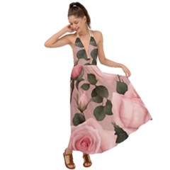 Pink Roses Backless Maxi Beach Dress by pollyparadiseartshop