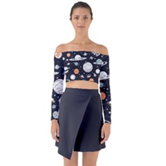 Space Galaxy Universe Stars Sky Long Sleeve Off Shoulder Crop Top by Paksenen