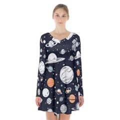 Space Galaxy Universe Stars Sky Long Sleeve Velvet V-neck Dress by Paksenen