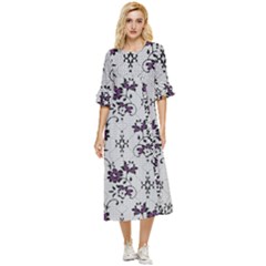 Elegant Purple Floral Jacquard Mesh Lace Fabric Double Cuff Midi Dress