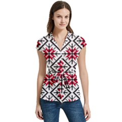 Ukrainian Folk Seamless Pattern Ornament Ethnic Ornament Border Element Traditional Art Women s Cap Sleeve Mandarin Collar Waist Tie Blouse by Grandong