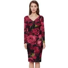 Floral Buds Of Roses Beautiful Flowers Long Sleeve V-neck Bodycon Dress  by Grandong