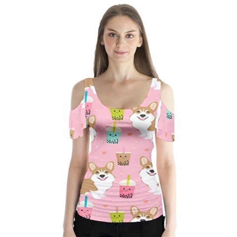 Corgi Bubble Boba Tea Pink Pattern Butterfly Sleeve Cutout T-shirt  by Salmanaz77