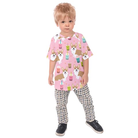 Corgi Bubble Boba Tea Pink Pattern Kids  Raglan T-shirt by Salmanaz77