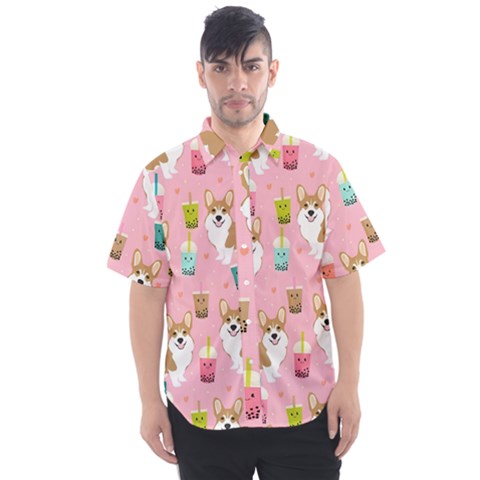 Corgi Bubble Boba Tea Pink Pattern Men s Short Sleeve Shirt by Salmanaz77