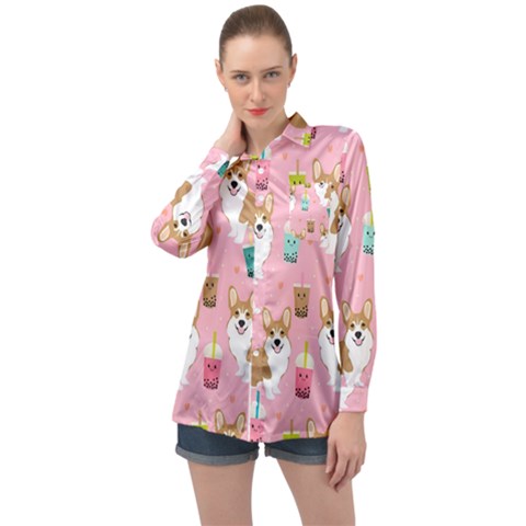 Corgi Bubble Boba Tea Pink Pattern Long Sleeve Satin Shirt by Salmanaz77