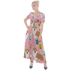 Corgi Bubble Boba Tea Pink Pattern Button Up Short Sleeve Maxi Dress by Salmanaz77