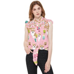 Corgi Bubble Boba Tea Pink Pattern Frill Detail Shirt by Salmanaz77