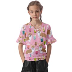 Corgi Bubble Boba Tea Pink Pattern Kids  V-neck Horn Sleeve Blouse by Salmanaz77