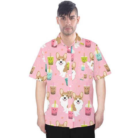 Corgi Bubble Boba Tea Pink Pattern Men s Hawaii Shirt by Salmanaz77