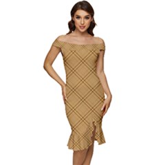 Autumn Fall Plaid Tartan 1 Diagonal Off Shoulder Ruffle Split Hem Bodycon Dress by dressshop