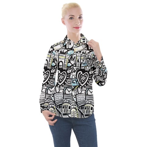 Doodle New York City Nyc Women s Long Sleeve Pocket Shirt by Salmanaz77