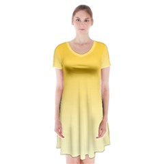 Amber Orange To Cream Yellow Linear Gradient Short Sleeve V-neck Flare Dress by GradientsOmbre
