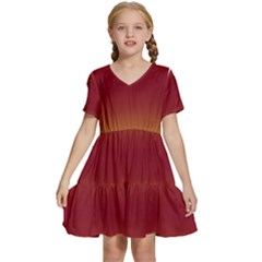 Electric Yellow To Burgundy Red Bilinear Gradient Kids  Short Sleeve Tiered Mini Dress by GradientsOmbre