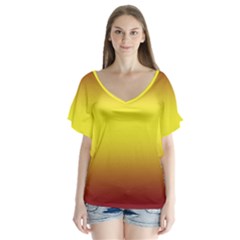 Burgundy Red To Electric Yellow Bilinear Gradient V-neck Flutter Sleeve Top by GradientsOmbre