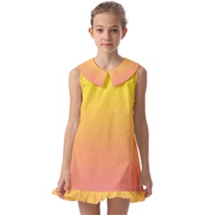 Electric Yellow To Coral Pink Linear Gradient Kids  Pilgrim Collar Ruffle Hem Dress by GradientsOmbre