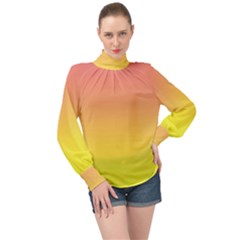 Coral Pink To Electric Yellow Linear Gradient High Neck Long Sleeve Chiffon Top by GradientsOmbre