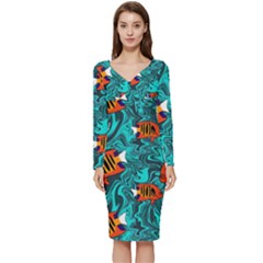 Flame Swirls Long Sleeve V-neck Bodycon Dress  by SeaworthyClothing