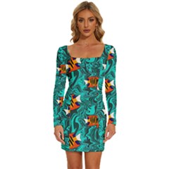 Flame Swirls Long Sleeve Square Neck Bodycon Velvet Dress by SeaworthyClothing