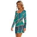 Aqua Batik, Abstract, Colorful Long Sleeve Square Neck Bodycon Velvet Dress View2