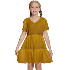 Amber Orange To Chocolate Brown Linear Gradient Kids  Short Sleeve Tiered Mini Dress by GradientsOmbre