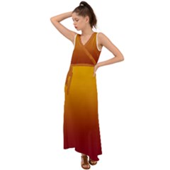 Amber Orange To Burgundy Red Linear Gradient V-neck Chiffon Maxi Dress by GradientsOmbre