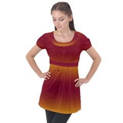 Amber Orange To Burgundy Red Bilinear Gradient Puff Sleeve Tunic Top by GradientsOmbre