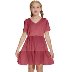 Burgundy Red To Coral Pink Linear Gradient Kids  Short Sleeve Tiered Mini Dress by GradientsOmbre