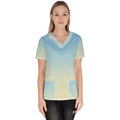 Baby Blue To Cream Yellow Linear Gradient Women s V-neck Scrub Top by GradientsOmbre