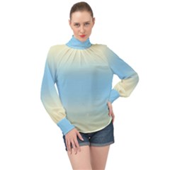 Cream Yellow To Baby Blue Bilinear Gradient High Neck Long Sleeve Chiffon Top by GradientsOmbre