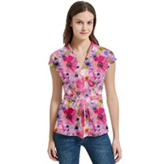 Pattern Seamless Texture Daisies Women s Cap Sleeve Mandarin Collar Waist Tie Blouse by Grandong