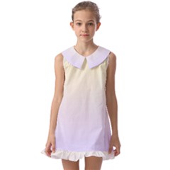 Cream Yellow To Pale Violet Linear Gradient Kids  Pilgrim Collar Ruffle Hem Dress by GradientsOmbre