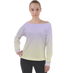 Pale Violet To Cream Yellow Linear Gradient Off Shoulder Long Sleeve Velour Top by GradientsOmbre