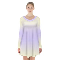 Cream Yellow To Pale Violet Bilinear Gradient Long Sleeve Velvet V-neck Dress by GradientsOmbre