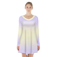 Pale Violet To Cream Yellow Bilinear Gradient Long Sleeve Velvet V-neck Dress by GradientsOmbre