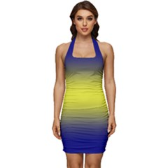 Navy Blue To Electric Yellow Bilinear Gradient Sleeveless Wide Square Neckline Ruched Bodycon Dress by GradientsOmbre