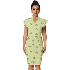 Green Leaves Pattern Vintage Frill Sleeve V-neck Bodycon Dress by designsbymallika