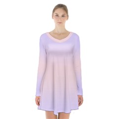 Pale Violet To Pale Pink Bilinear Gradient Long Sleeve Velvet V-neck Dress by GradientsOmbre