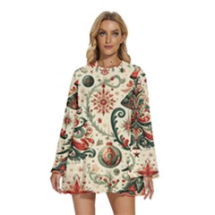 Christmas Tree Snow Round Neck Long Sleeve Bohemian Style Chiffon Mini Dress by Bedest