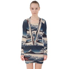 Hokusai Moutains Japan V-neck Bodycon Long Sleeve Dress by Bedest